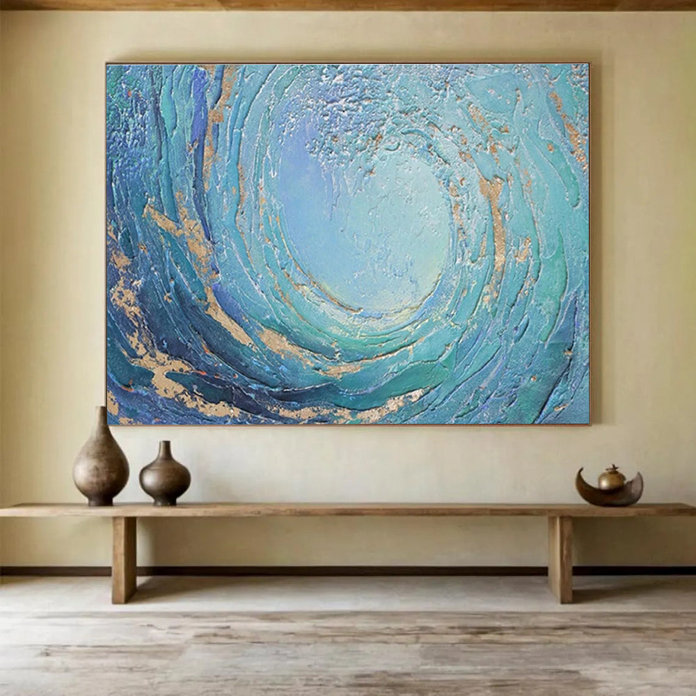 Circular Ocean Wave Abstract Painting with Blue and Golden Accents THY256