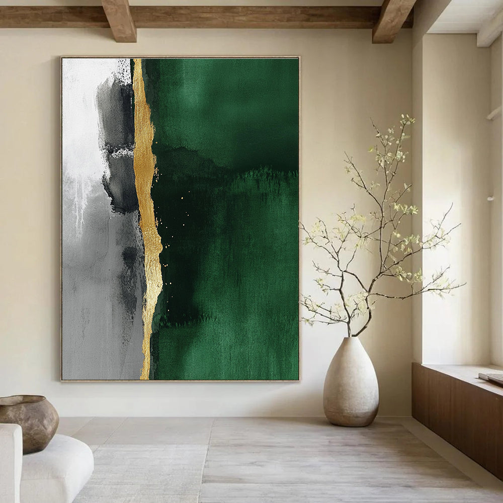 Abstract minimalist painting featuring a thin gold line against an emerald green and gray background emphasizing fluidity and elegant simplicity.STSC129