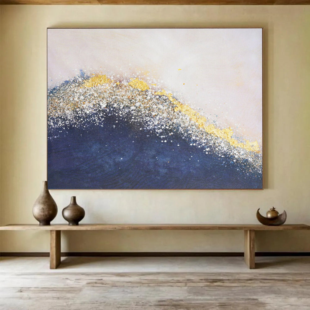 Glittering Wave Abstract Painting with Gold and Navy Hues THY270