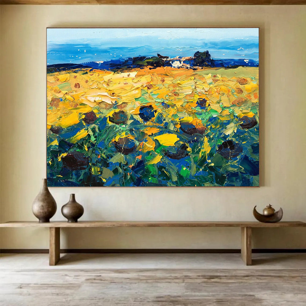 Yellow Blue Green Sunflower Field Painting THY485