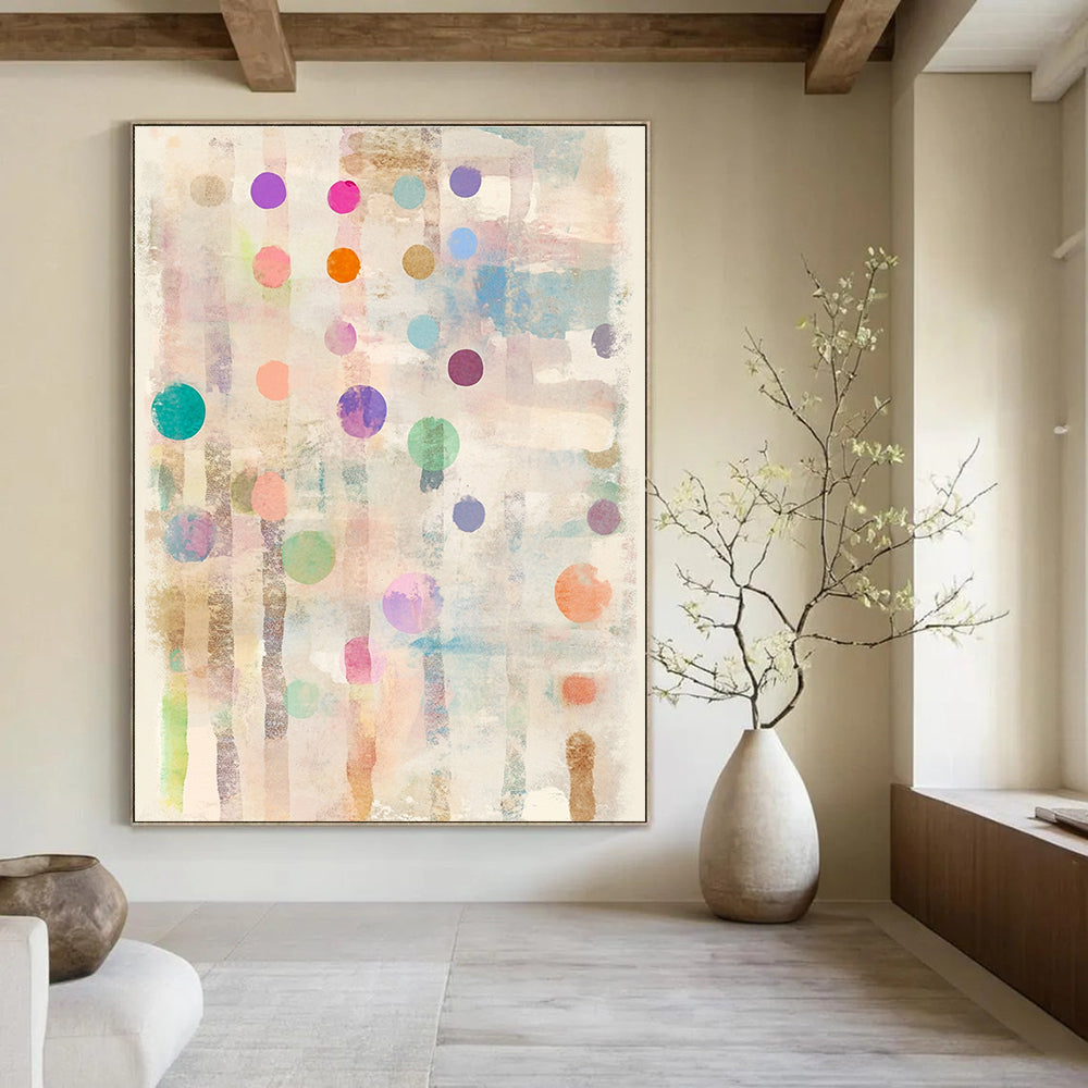 Large abstract painting on paper with pastel polka dots and stripes adorned with tiny hearts and stars at each dot's edge.STSC722