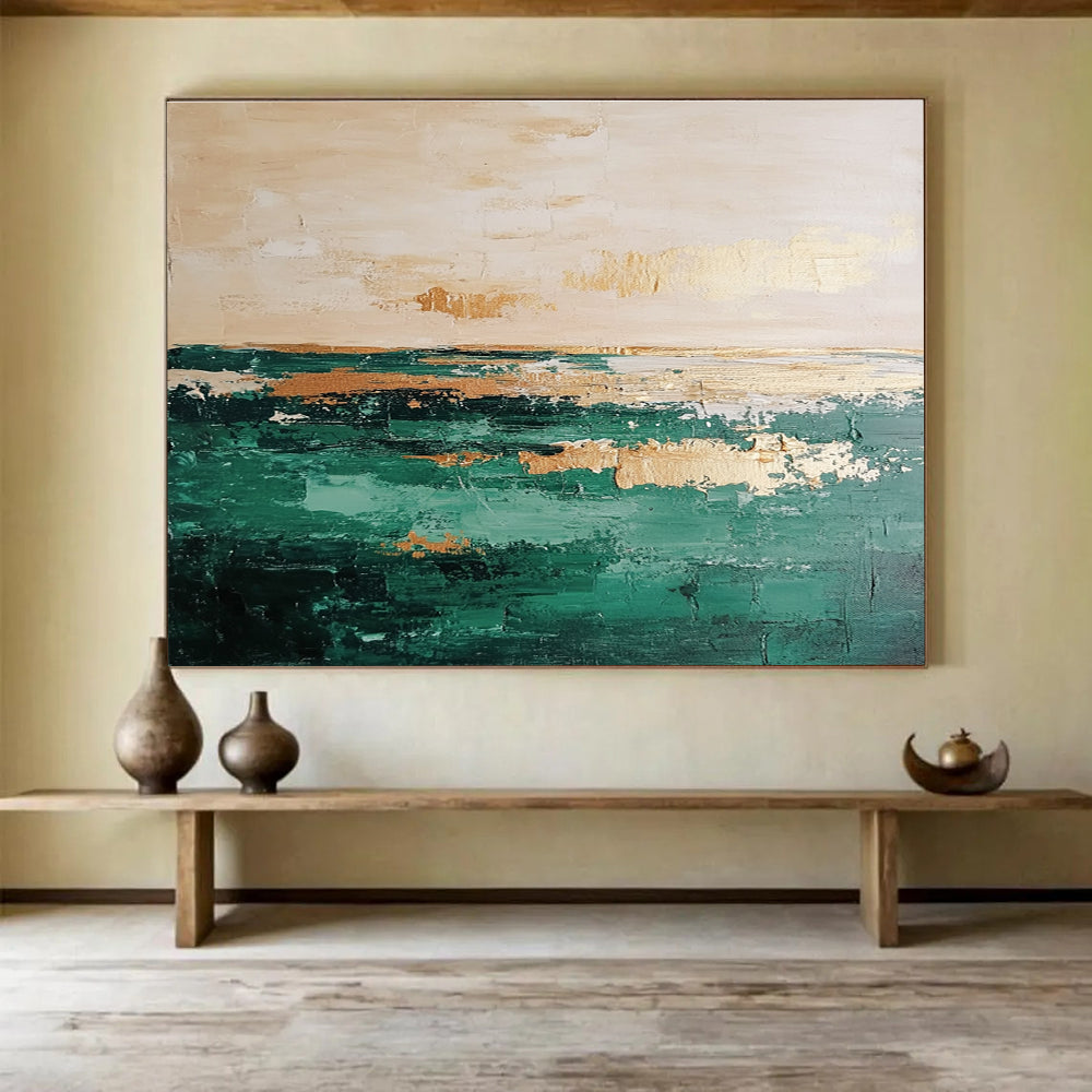 Large abstract oil painting of a serene green and beige sea with a clear horizon line perfect for modern decor.SC112
