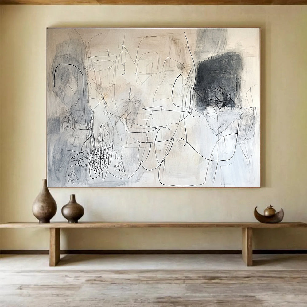 An abstract painting in white and gray tones, featuring dynamic lines and layered text, conveys a sense of movement and depth.SC390