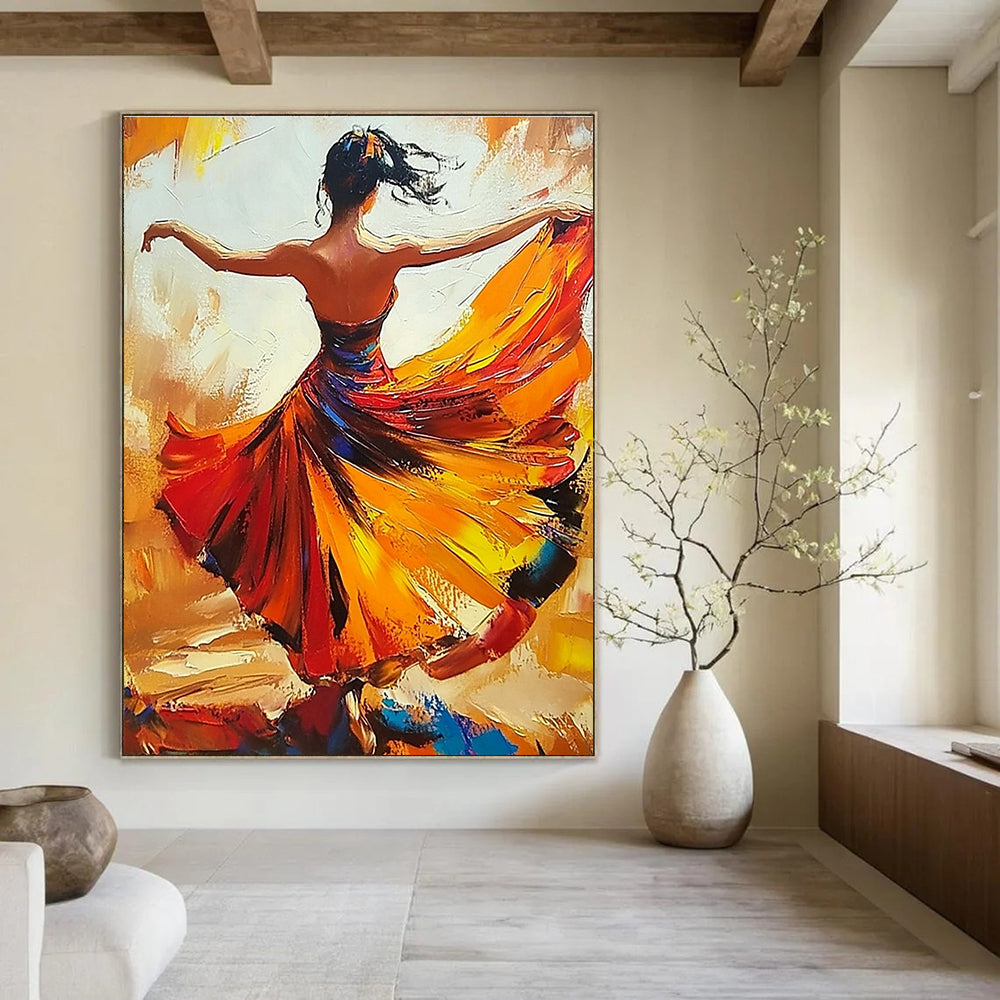 Abstract oil painting of a woman in a flowing flamenco dress dancing with her arms wide open in warm colors.STSC174