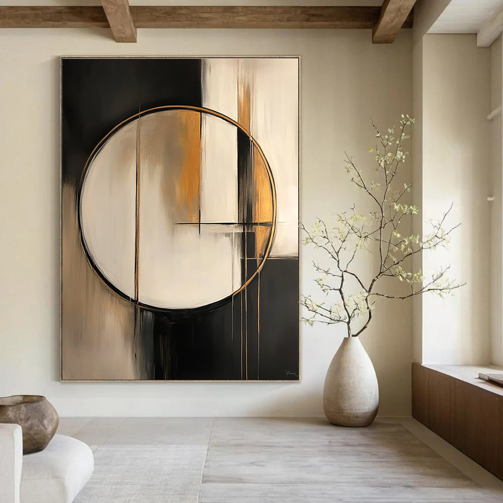 Large abstract painting featuring a white circle with gold lines set against an abstract geometric background in soft black grey and beige tones.STSC209