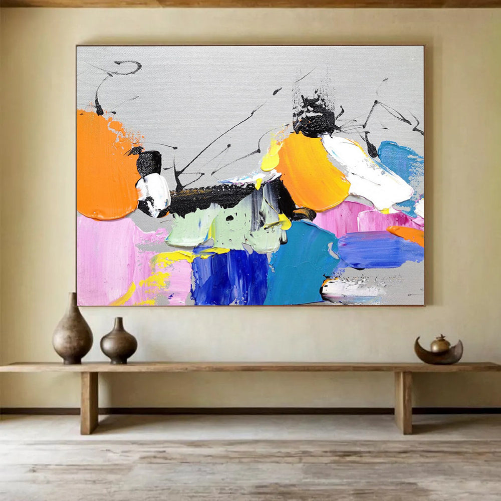 Playful Color Block Abstract Painting with Bright Hues and Black Accents THY269
