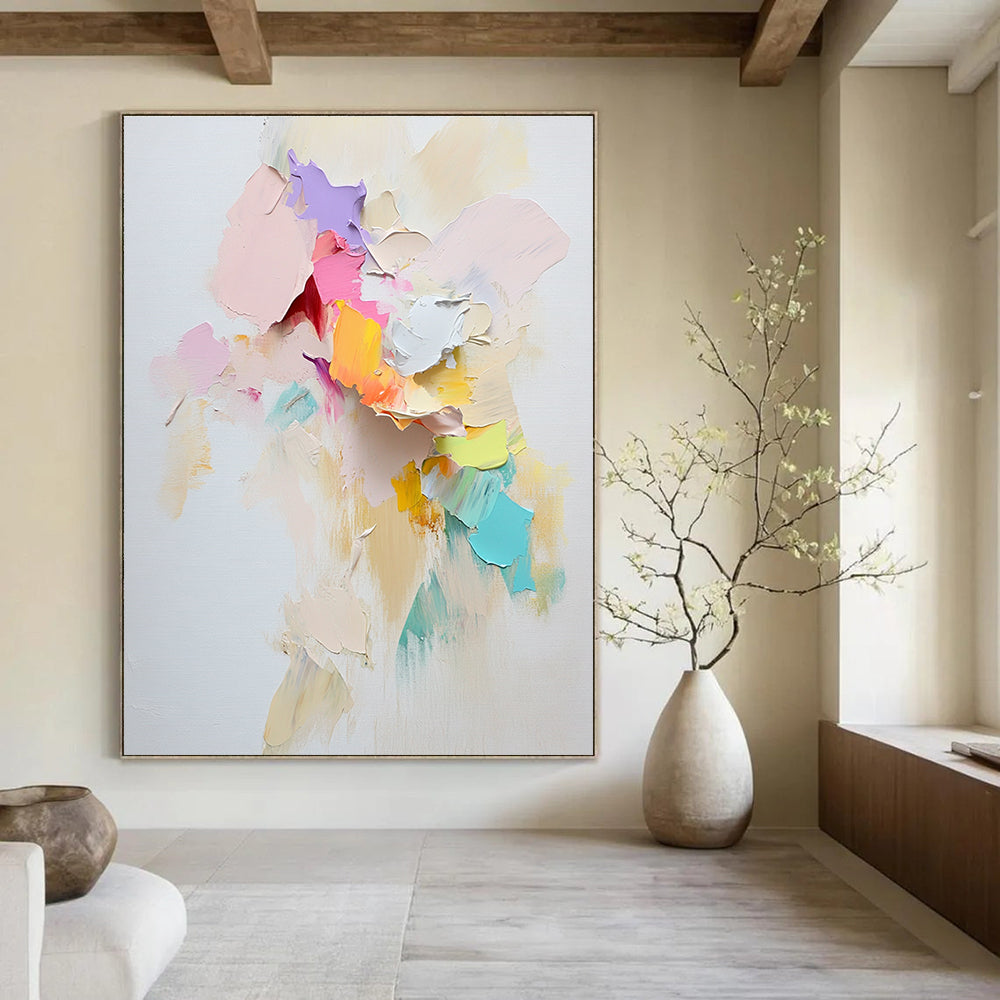 Large abstract painting with loose textured paint and pastel paper pieces suggesting movement featuring a prominent torn scrapbook paper centerpiece.STSC1248
