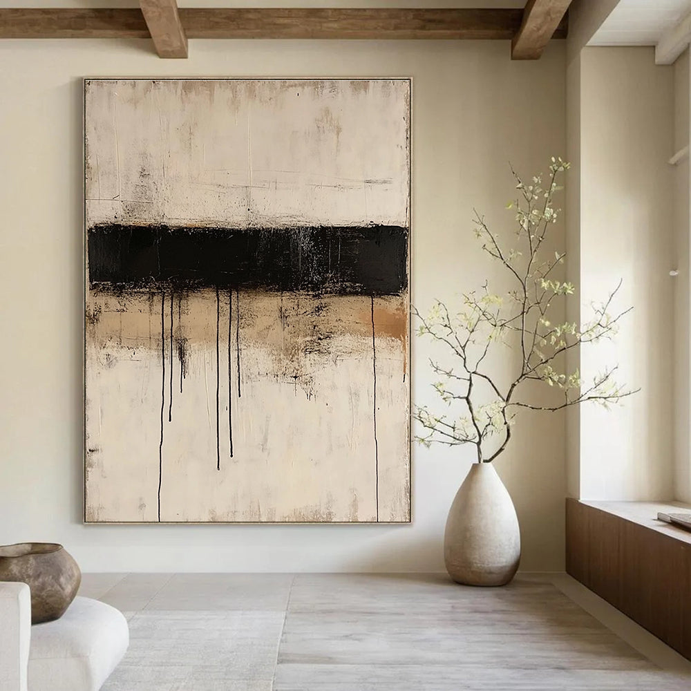 Large abstract painting featuring thin black lines layered on textured beige paper in a minimalist style reminiscent of Mark Rothko.STSC521
