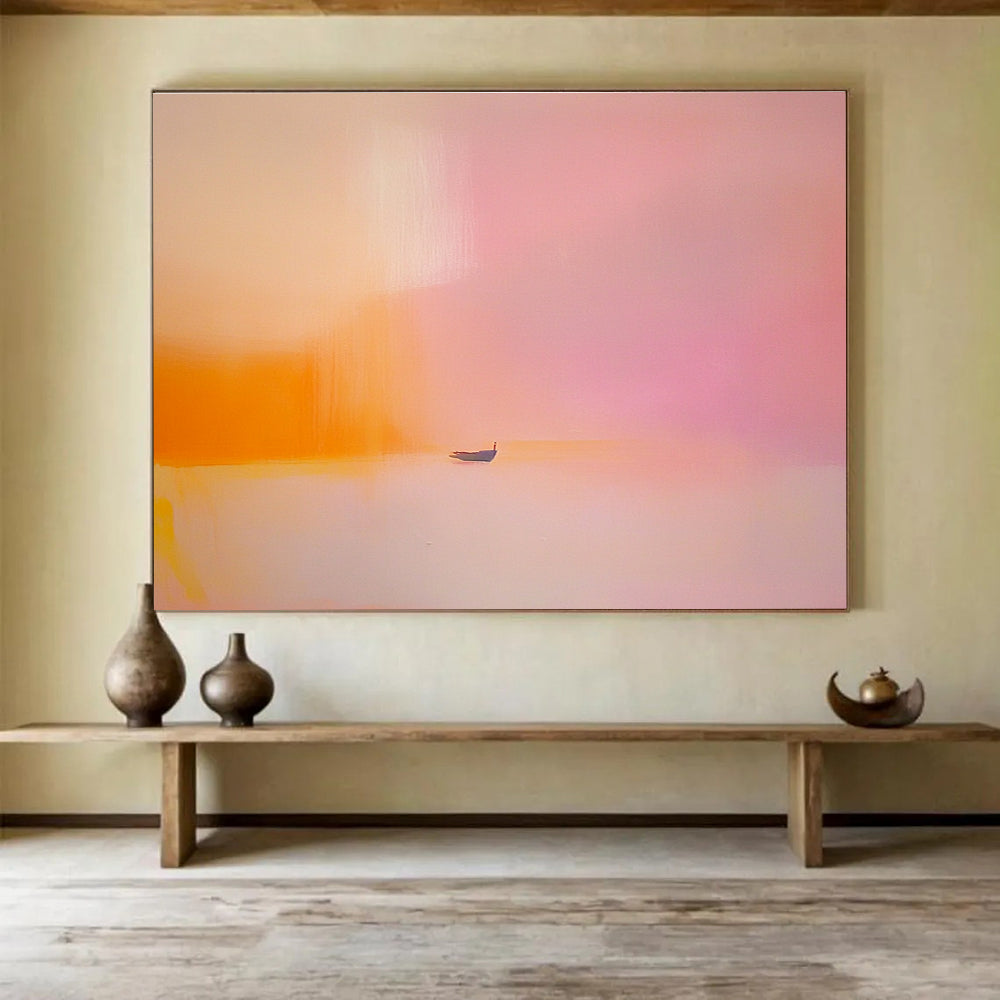 Pink Orange Minimalist Abstract Painting with a Small Boat DYP488