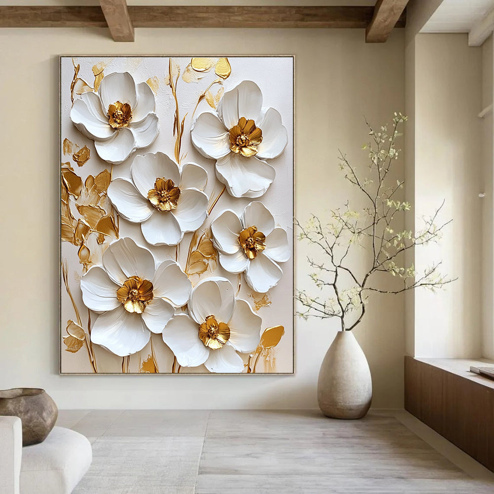 Large abstract painting featuring white flowers with golden accents on a white background in a square format.STSC1481