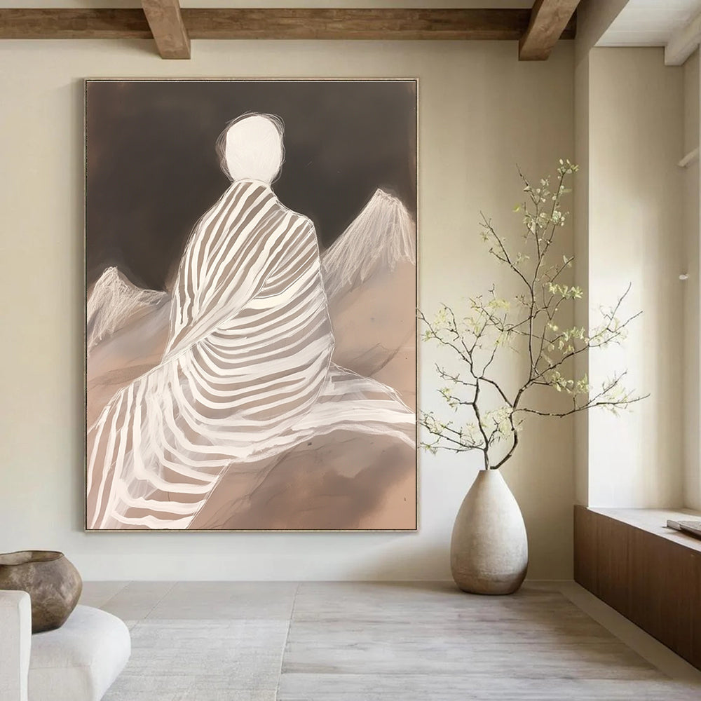 Large abstract painting featuring a zebra-patterned blanket wrapped around a woman atop mountains in layered translucency and fluid lines.STSC1292