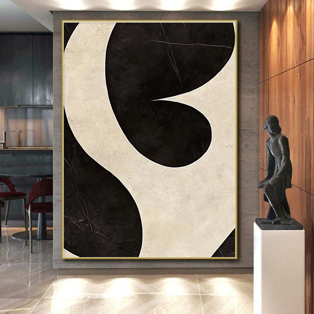 Black and White Curved Abstract Painting with Bold Shapes GER065