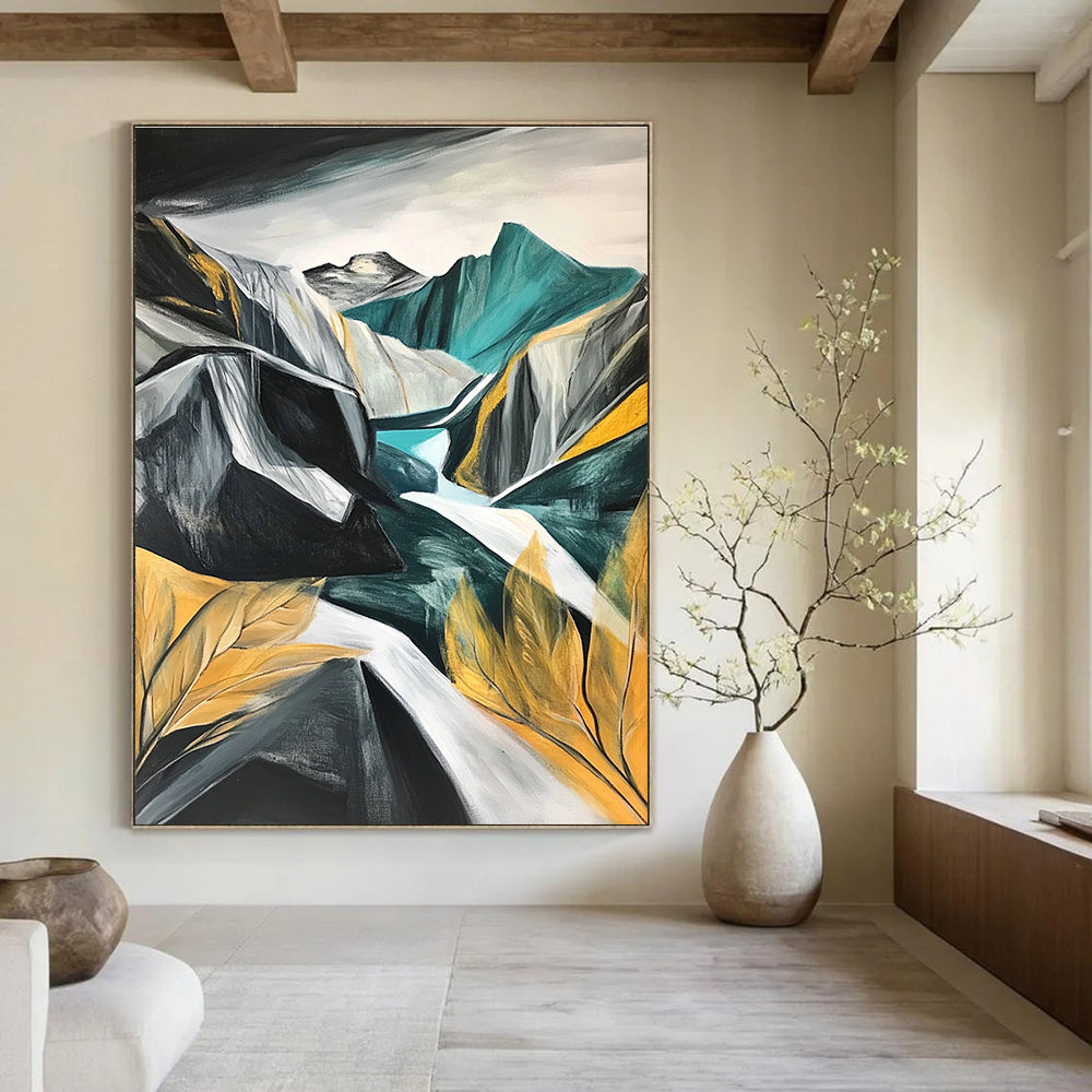 Large abstract painting of mountains and rocks featuring grey white teal gold black and green with a low angle close-up of leaves and a snow storm.STSC191