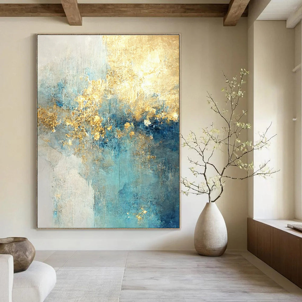 Light Blue and Gold Abstract Painting with Ethereal Textures ADGE077