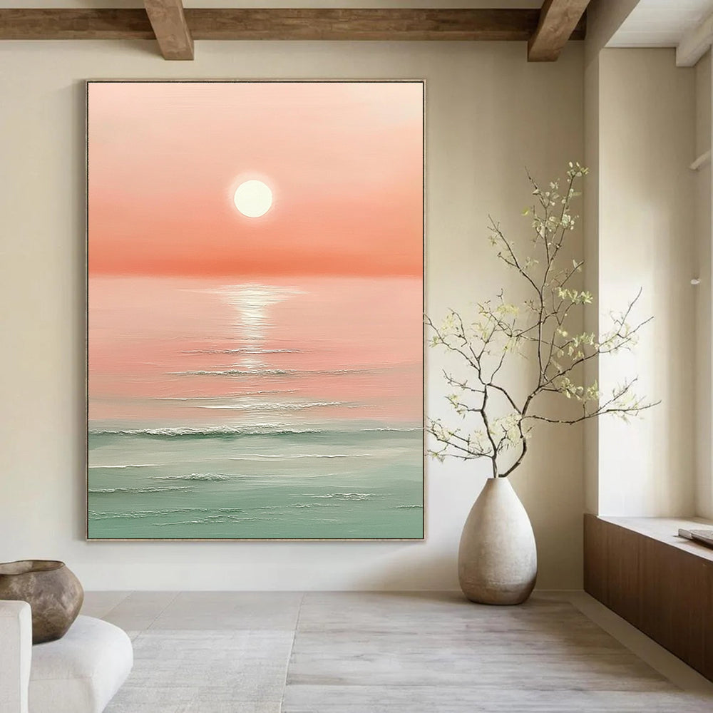 Large abstract painting featuring a pink sunset over the ocean with a white sun and soft muted colors.STSC1424