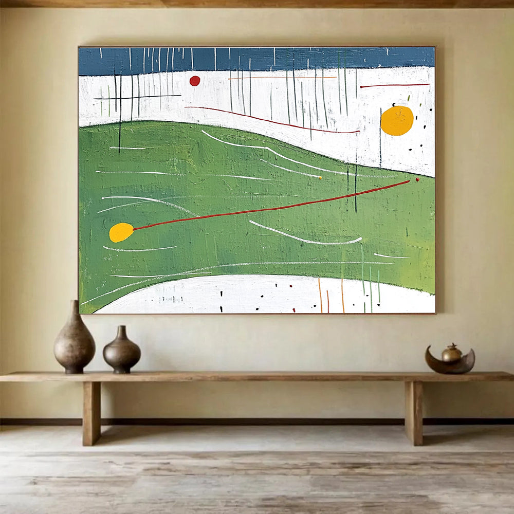 Large abstract painting featuring flat shapes and lines in green with yellow bubbles orange curves and red arrows against a white background and blue sky.SC176