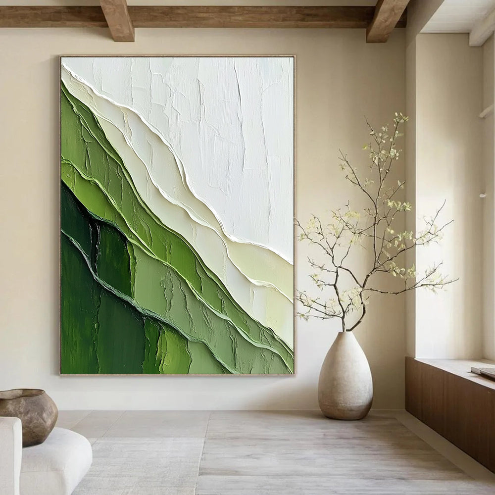 Large abstract painting featuring a textured green mountain against a pale yellow-green background with a sense of depth and layered contours.STSC1120