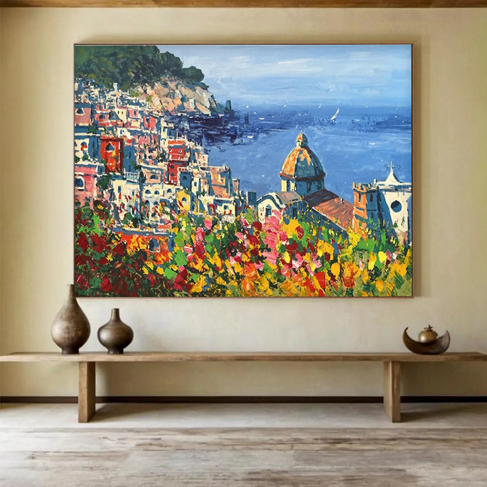 Coastal Town with Flowers Impressionist Painting THY457