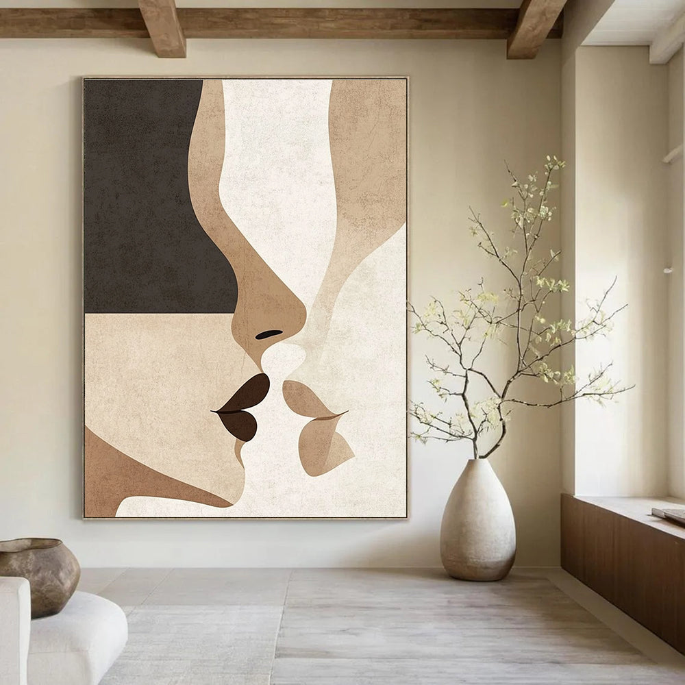 Abstract art in minimalist Japandi style featuring subtle nose and mouth shapes in neutral earthy tones of beige black white grey and brown.STSC1342