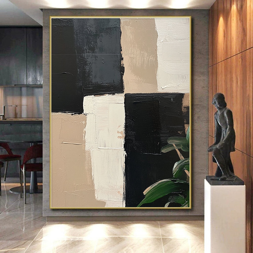 Black Beige and White Abstract Painting with Geometric Blocks GER052