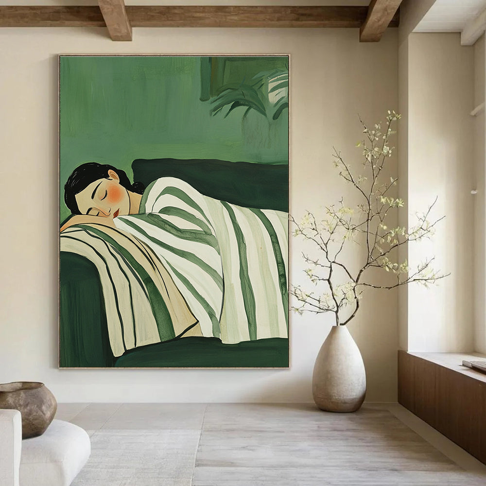 Abstract painting of a woman sleeping on a couch wrapped in a white and green striped blanket on a muted green background.STSC1264
