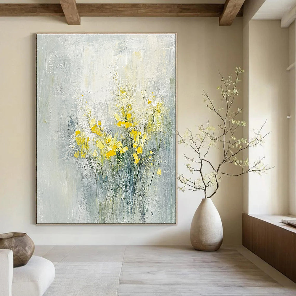 Abstract oil painting of flowers in light gray and yellow hues capturing a serene spring theme inspired by Zao Wou-Ki.STSC185