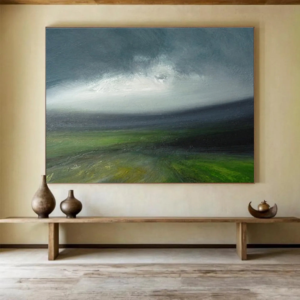 Green Grey Sky Landscape Abstract Painting THY028