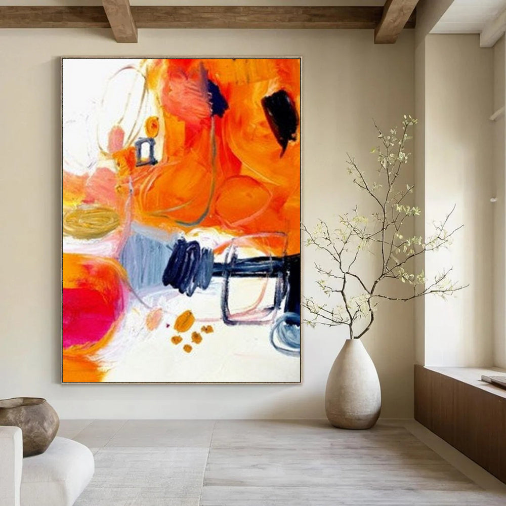 Vibrant Orange Abstract Painting with Mixed Shapes ADGE272
