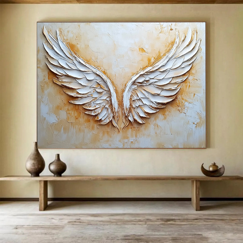 Large abstract angel wings oil painting in beige and white on textured canvas adds elegance and depth to any space.SC004