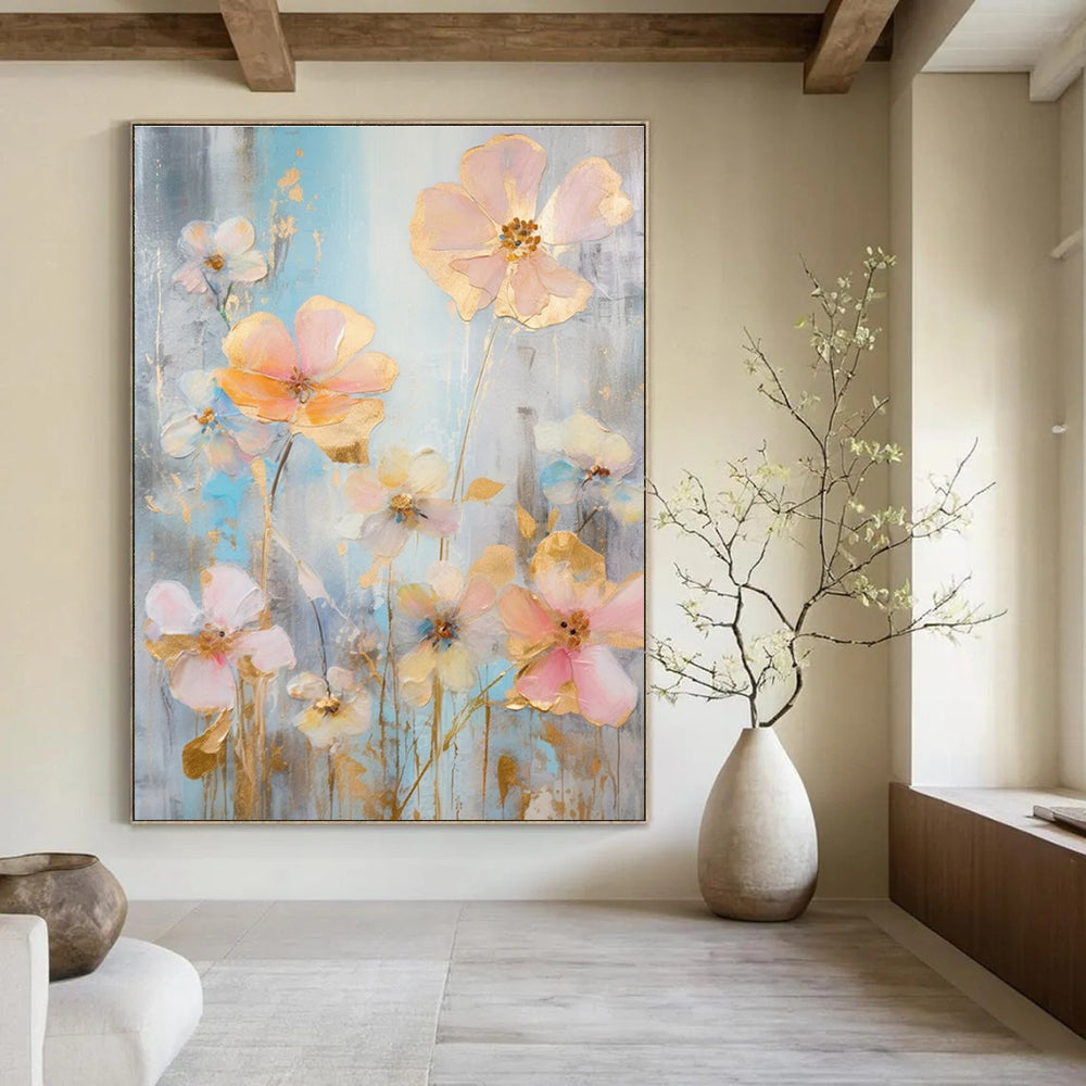 Gold - Accented Floral Abstract Painting with Soft Pastels ADGE431