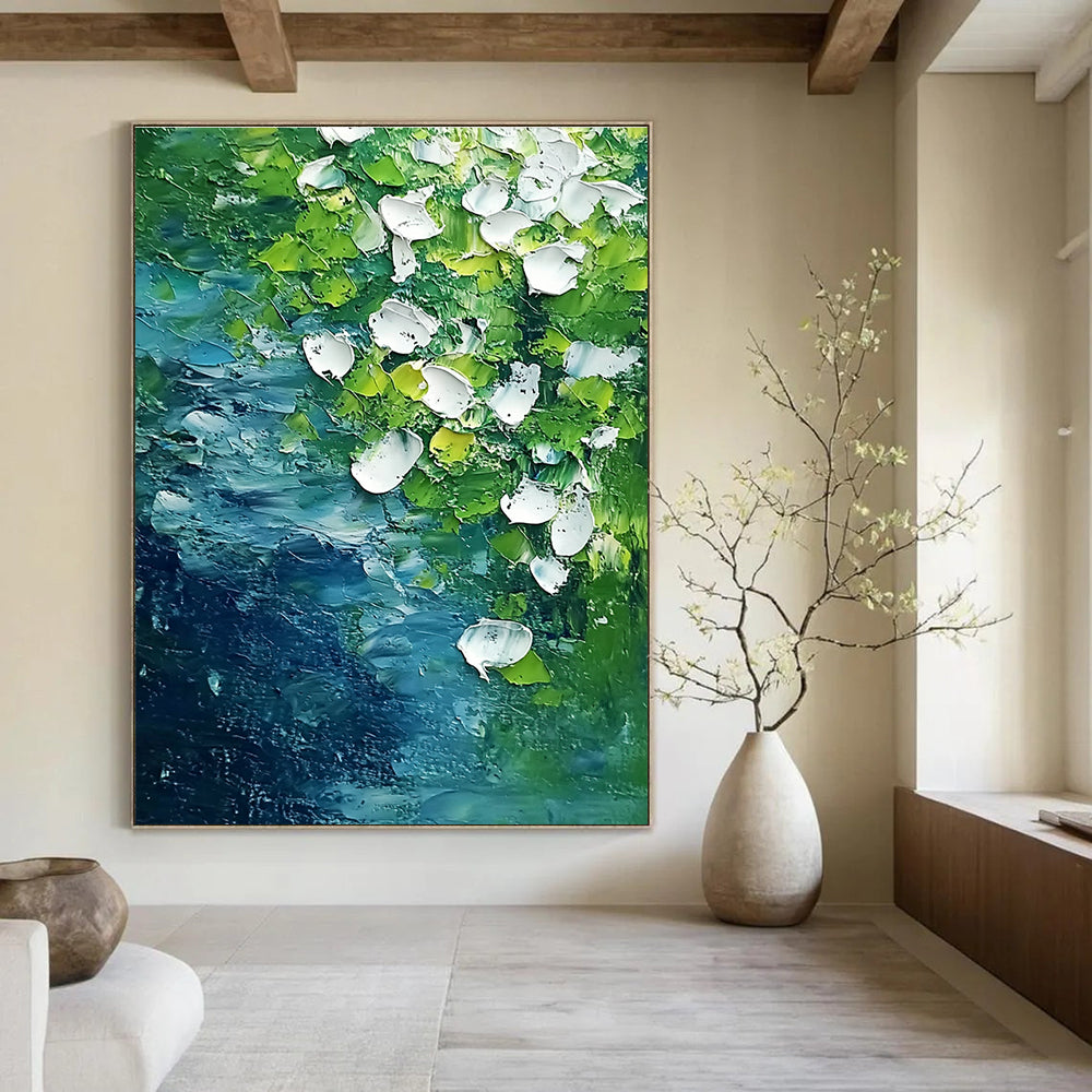 Abstract painting featuring white flowers and flowing water in vibrant green and blue tones capturing the essence of springtime on the riverbank.STSC1477