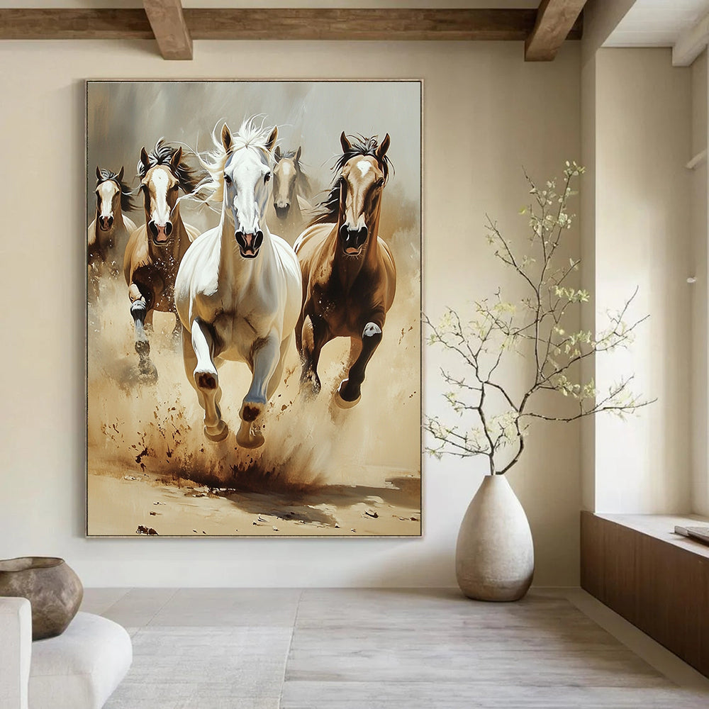 An abstract painting featuring horses in motion with dust clouds around them capturing the essence of speed and natural beauty in a simple landscape.STSC1013