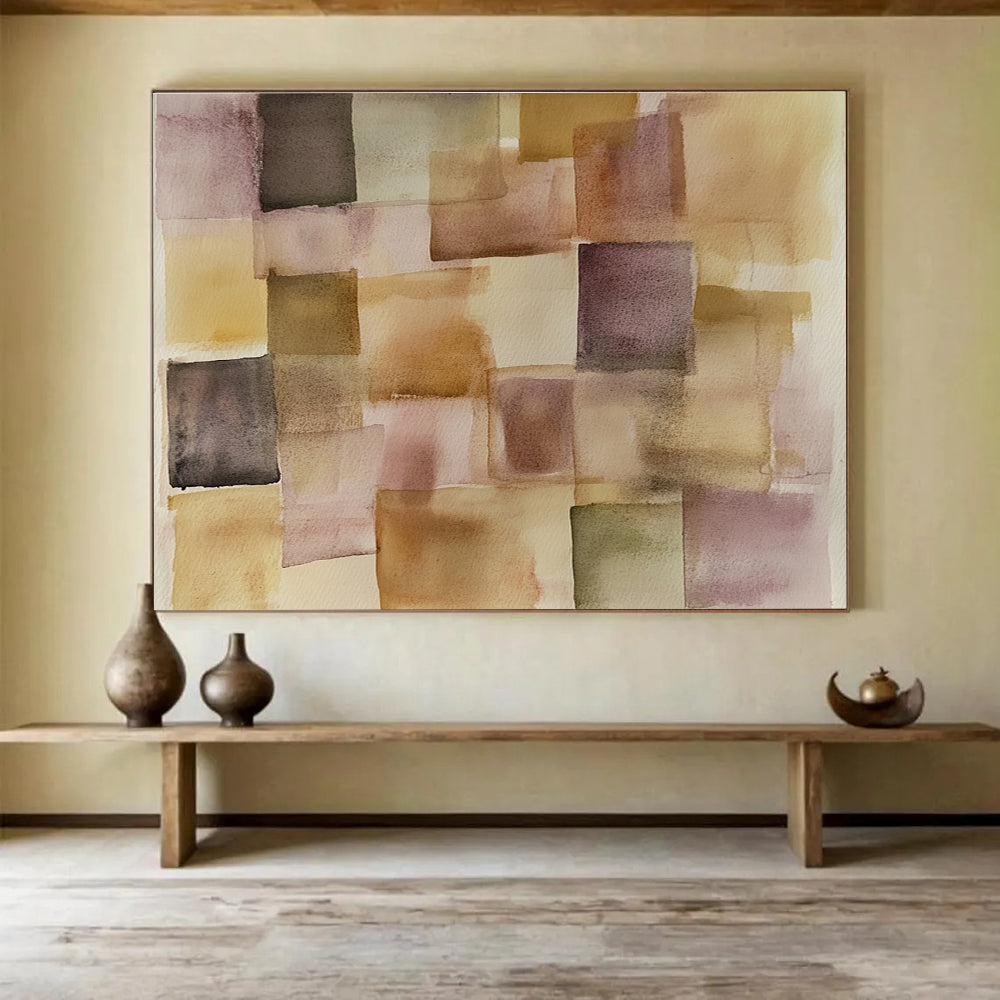 An abstract painting featuring soft pastel squares and rectangles in earthy tones of beige and brown, inspired by Paul Klee's style.SC619