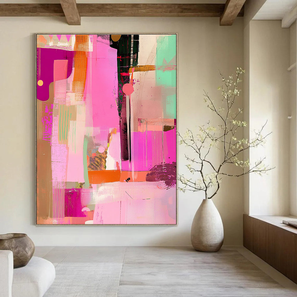 Large abstract artwork featuring pink tones with a collage of lines and shapes that adds a unique flair to any space.STSC525