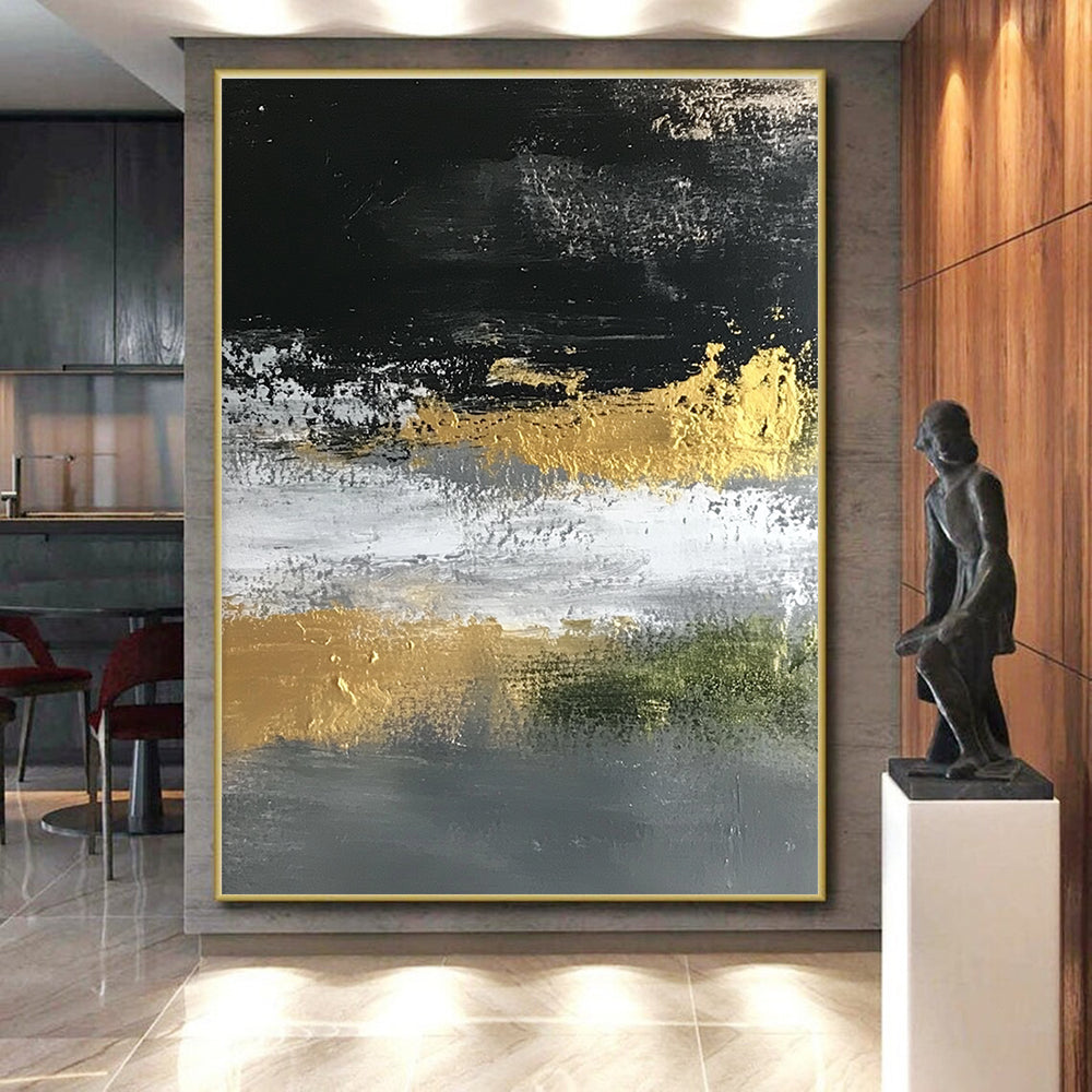 Gold Accented Abstract Painting on Black Gray and White GER248