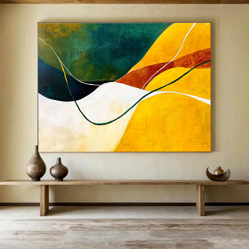 Large abstract painting featuring dynamic yellow green and white lines conveying movement and depth inspired by the beauty of nature.SC268