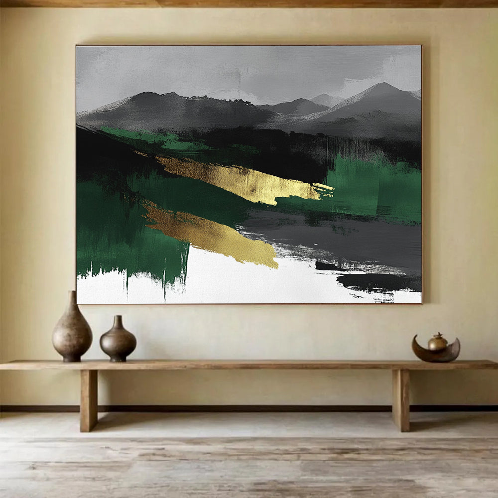 Large abstract watercolor landscape in green, black, and gray with gold accents, perfect for modern decor.SC050