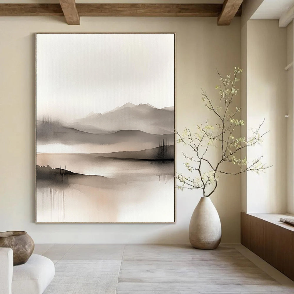 Large abstract watercolor painting featuring soft muted colors of grey beige and white depicting serene hills and foggy mountains for a tranquil atmosphere.STSC504
