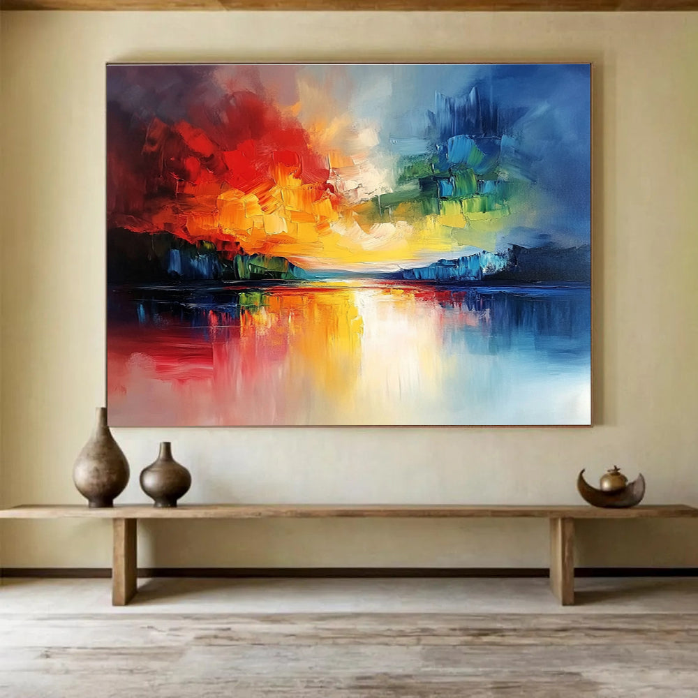 Large abstract landscape painting featuring a vibrant sky and reflective water with bold brushstrokes and rich textures.SC077