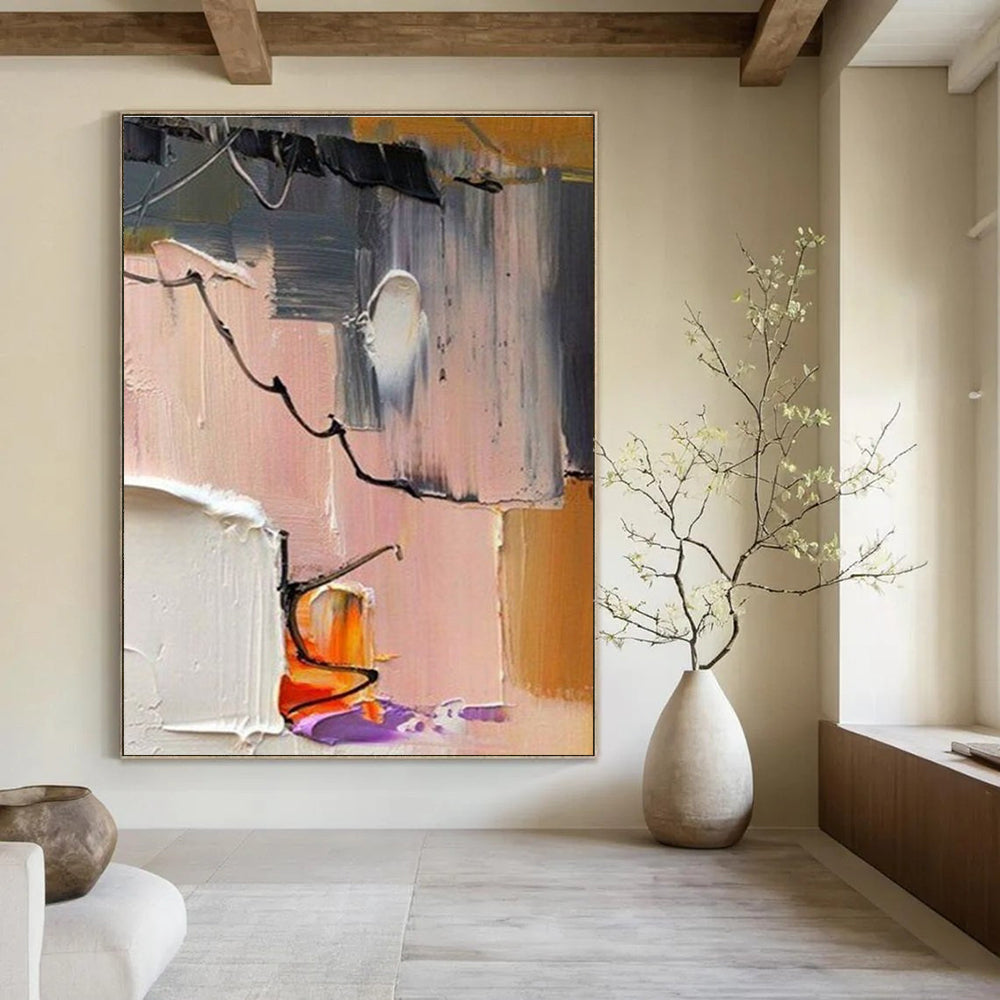 Abstract Painting with Gray Pink and Black Lines ADGE270
