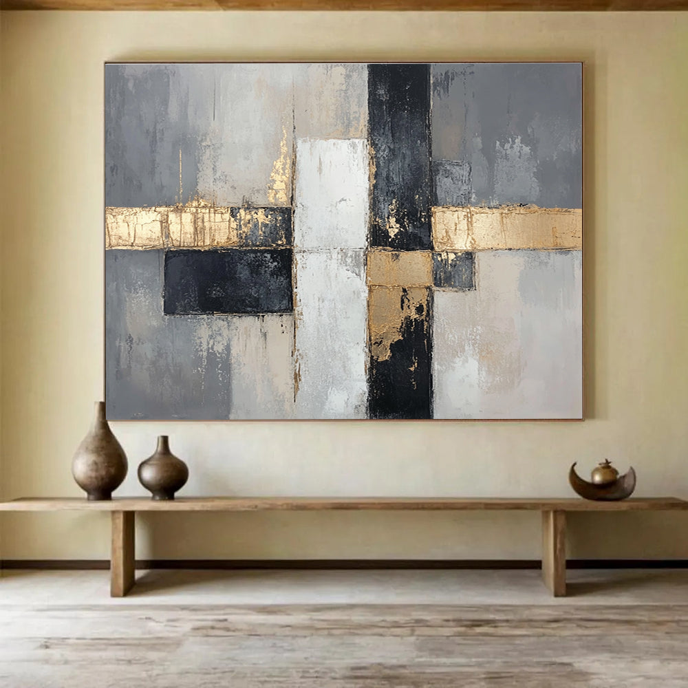 Large abstract painting in neutral tones featuring gray and beige with gold accents and geometric forms creating a sophisticated modern aesthetic.SC247