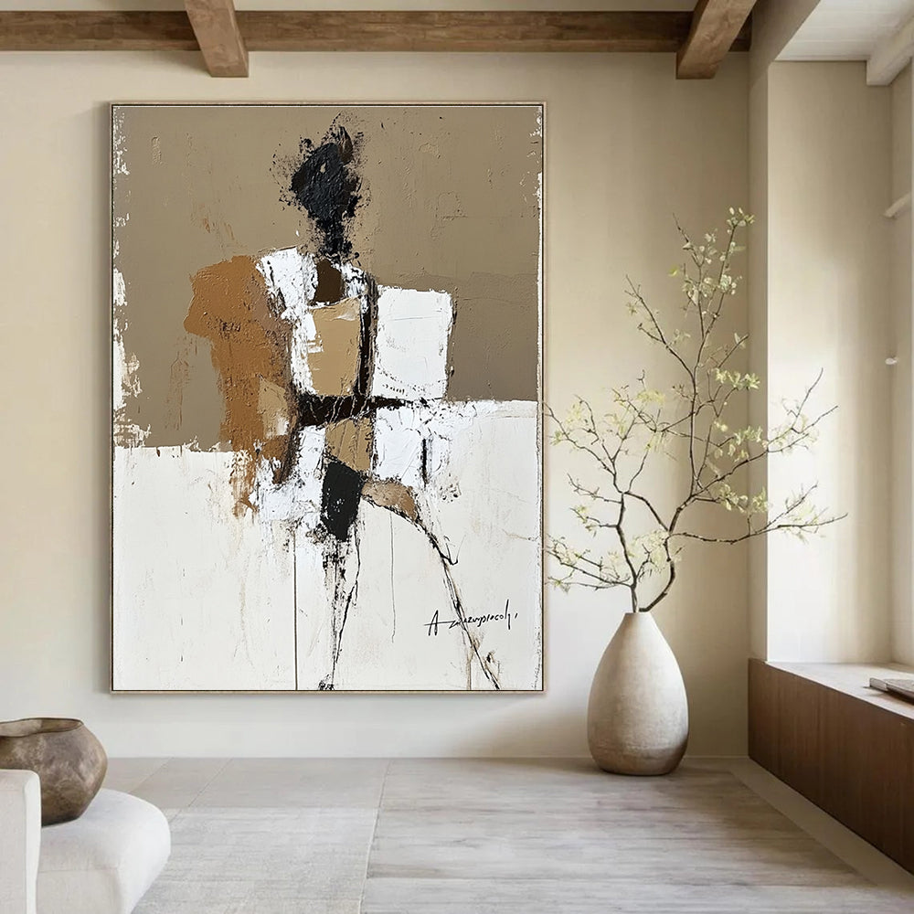 Large abstract painting in beige brown and white featuring humanistic forms with textured expressive brush strokes inspired by Anatoly Zaregorodtsev.STSC388