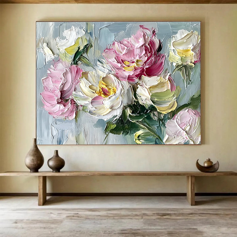 Large abstract painting featuring peonies and roses in vibrant shades on a textured grey background with impasto brushstrokes.SC125