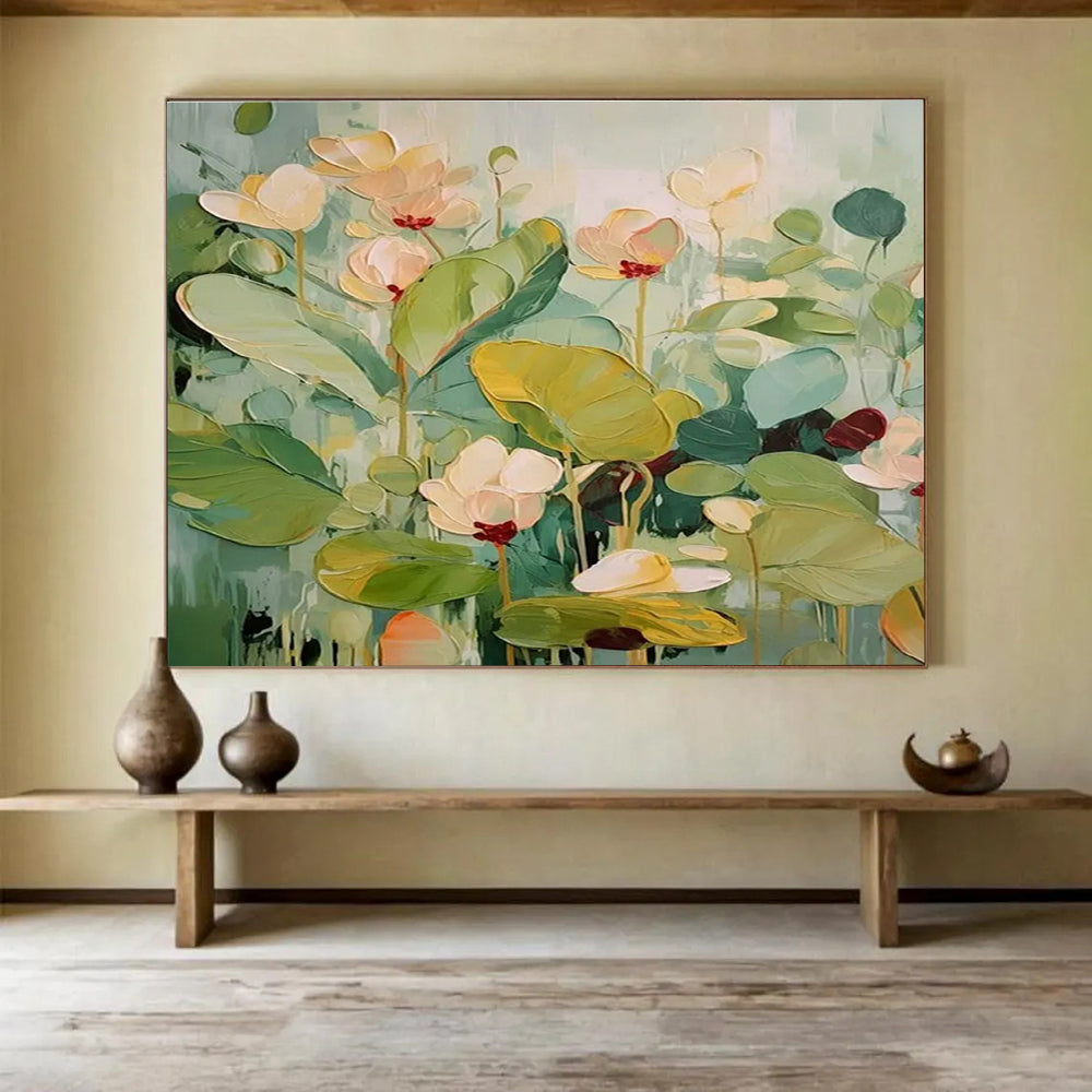 Green and Pink Tones Lotus - themed Abstract Painting THY088
