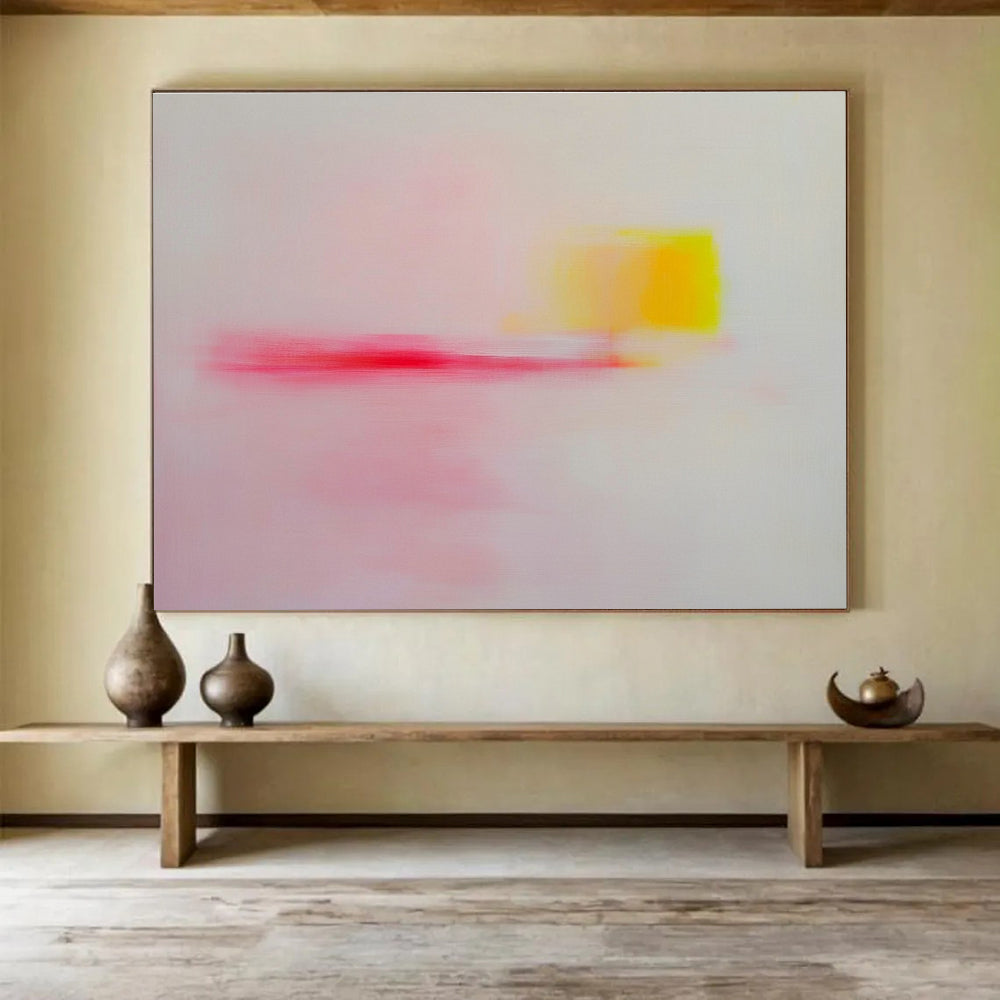 Large abstract painting with pink yellow and red soft edges on white background, emotional minimalism creating a tranquil joyful atmosphere.SC251