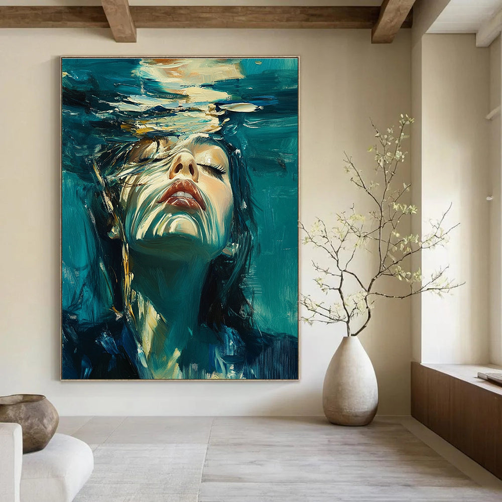 Abstract oil painting of a woman underwater with long hair wearing a dark blue suit with white details against a teal and turquoise background.STSC178