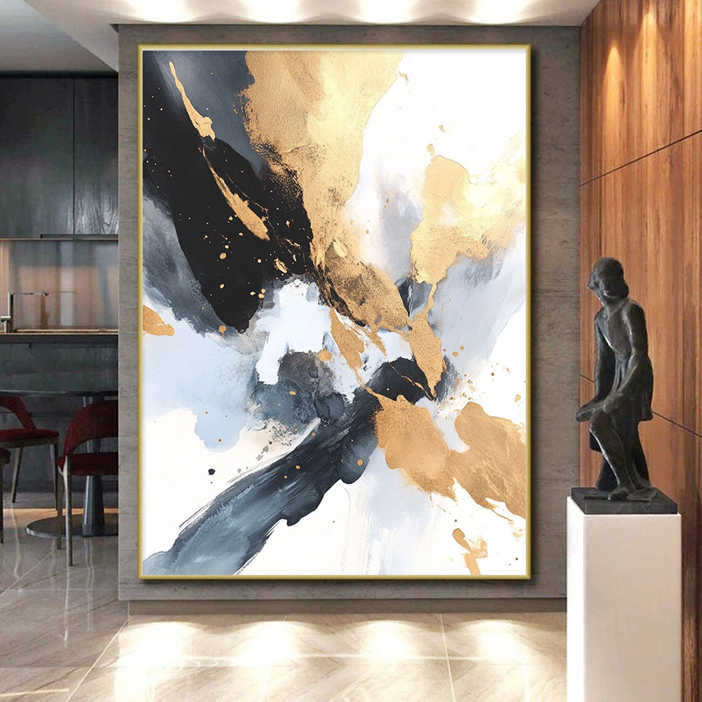 Gold Black Abstract Painting with Elegant Splashes GER736