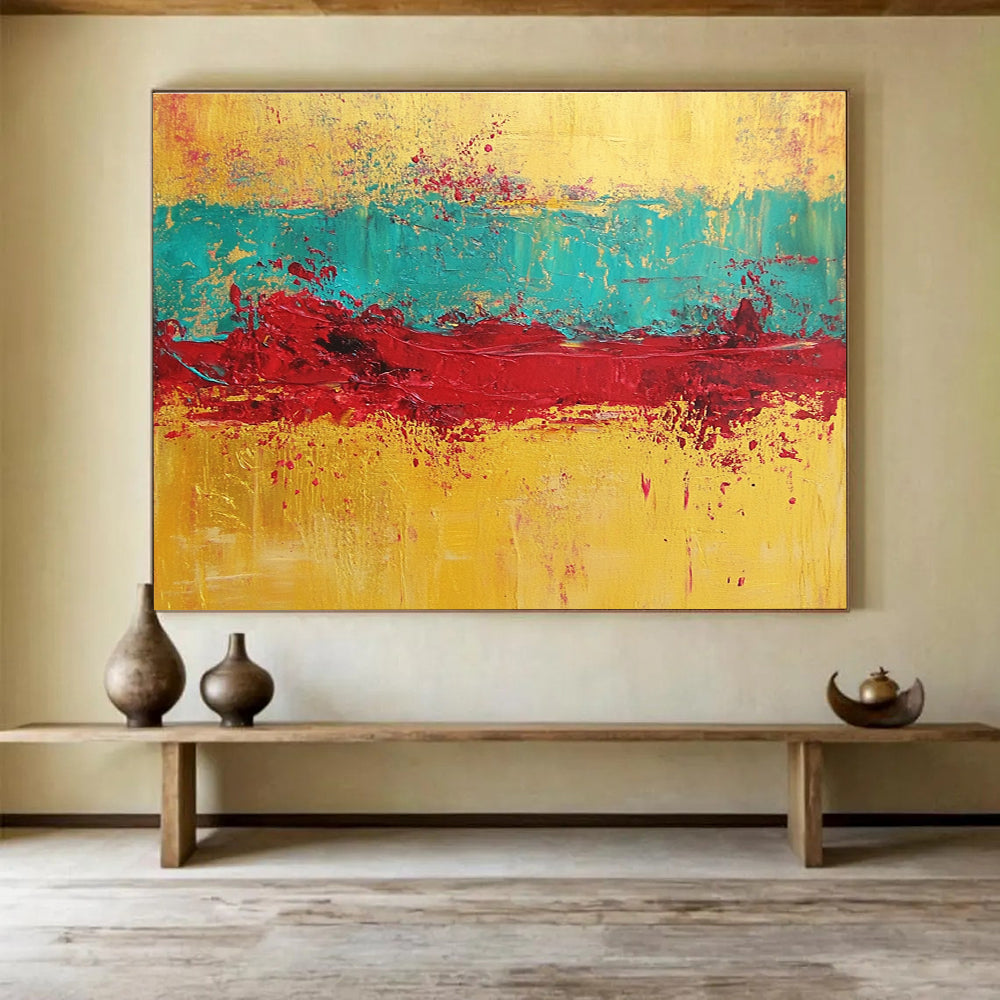 Gold Teal Red Abstract Painting with Textured Layers DYP428