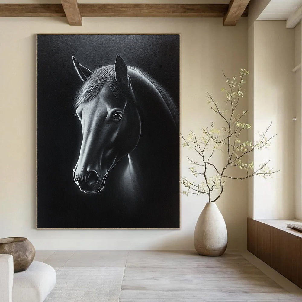 A large abstract oil painting of a horse's head in black and white with elegant lighting highlighting its features against a dark background.STSC1076