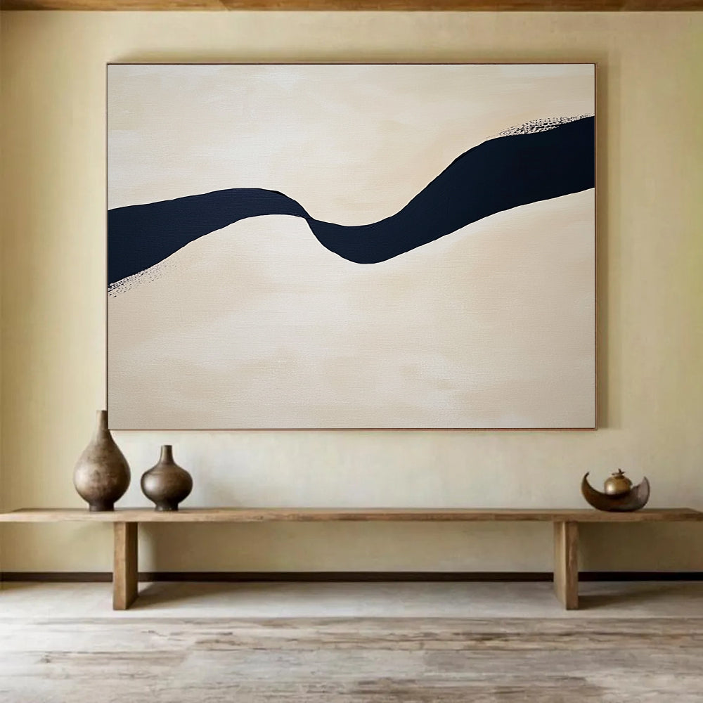 Wavy Black Line on Beige Abstract Painting with Subtle Details DYP585